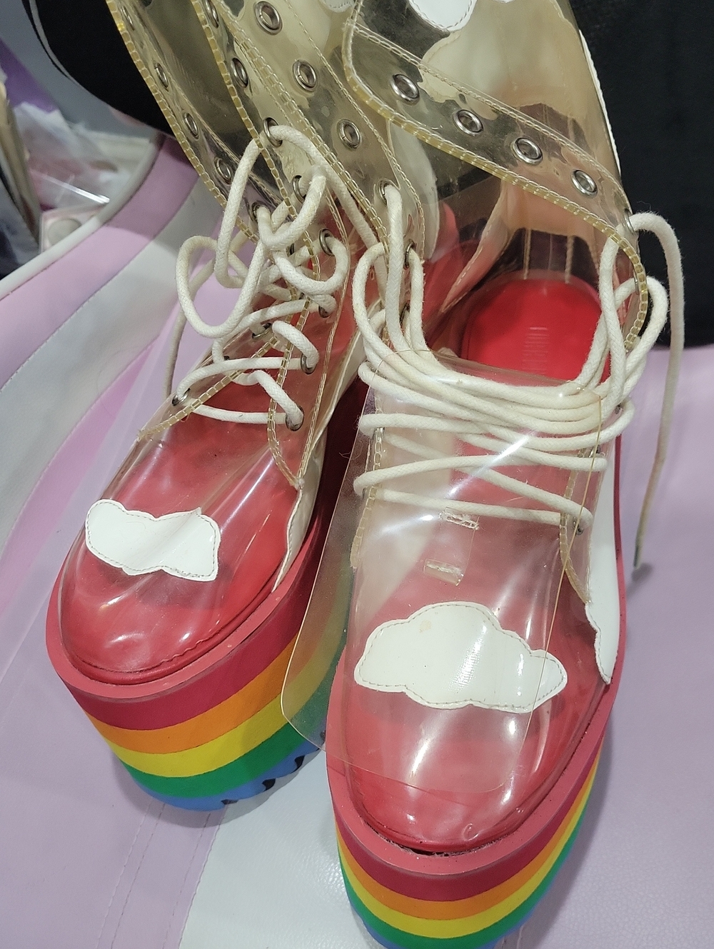 Current Mood Clear Platform Lace-Up Boots with Rainbow Sole and Red Insole